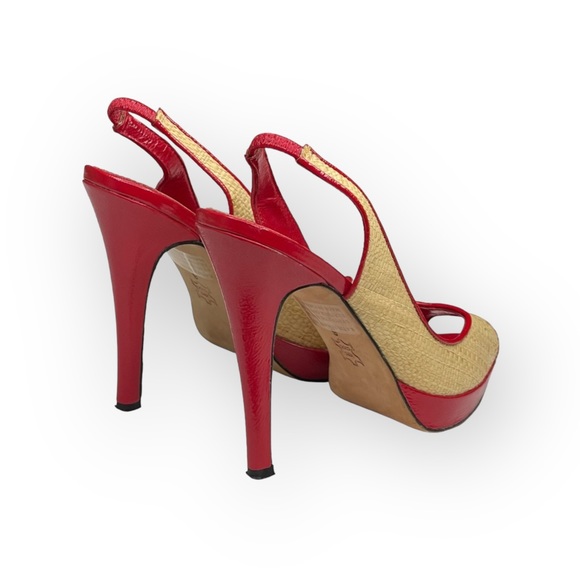 Bebe ᪥ Katie Woven Straw Platform Slingback Heeled Sandals ᪥ Red Leather ᪥ 6M ᪥ - Picture 2 of 16
